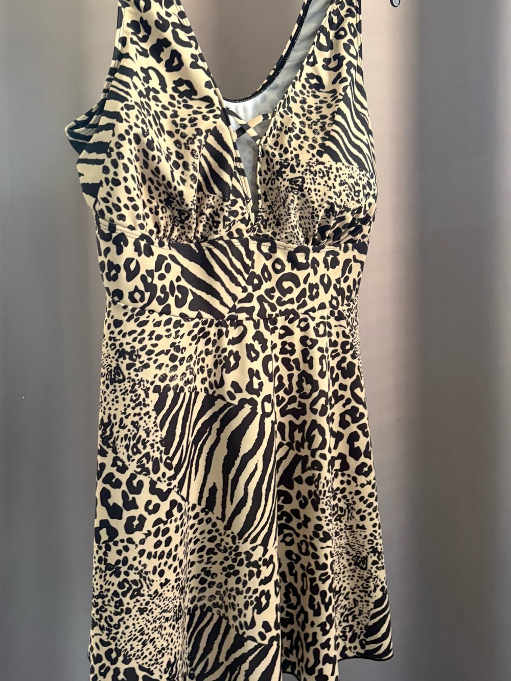 Plus Size Animal Patchwork V Crisscross Swimdress One Piece Leopard Zebra 2XL